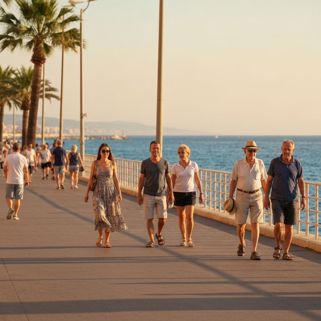 People walking on Mediterranean promenade