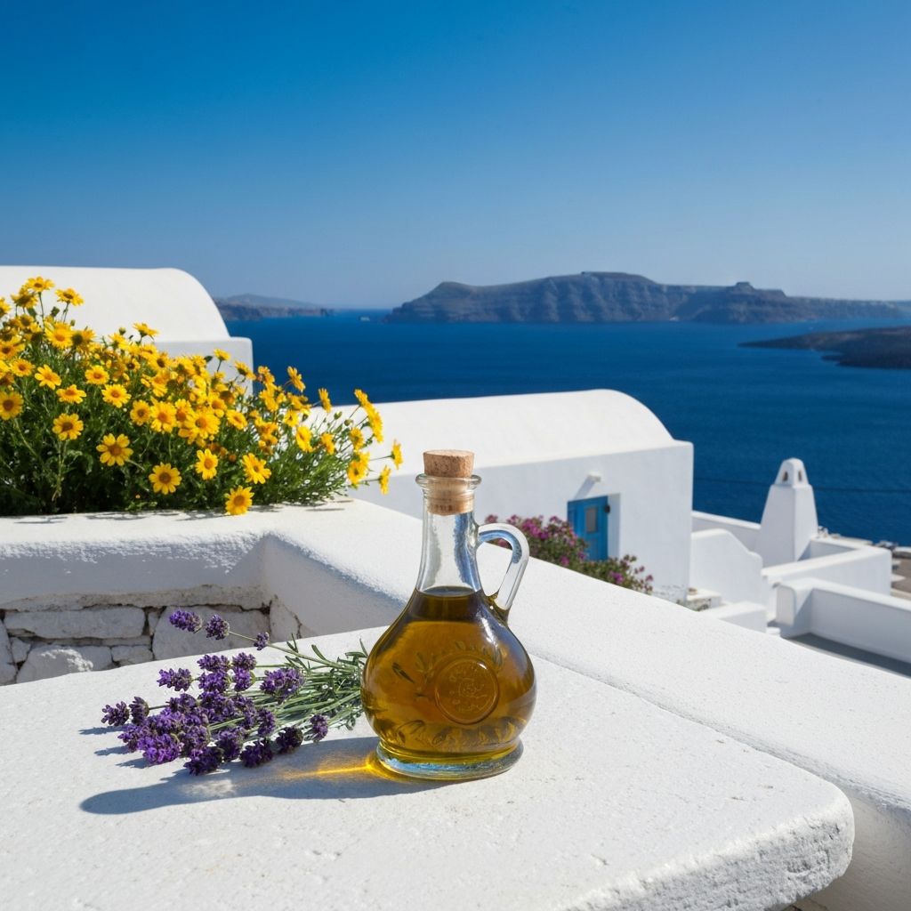 Golden olive oil in glass bottle on terrace